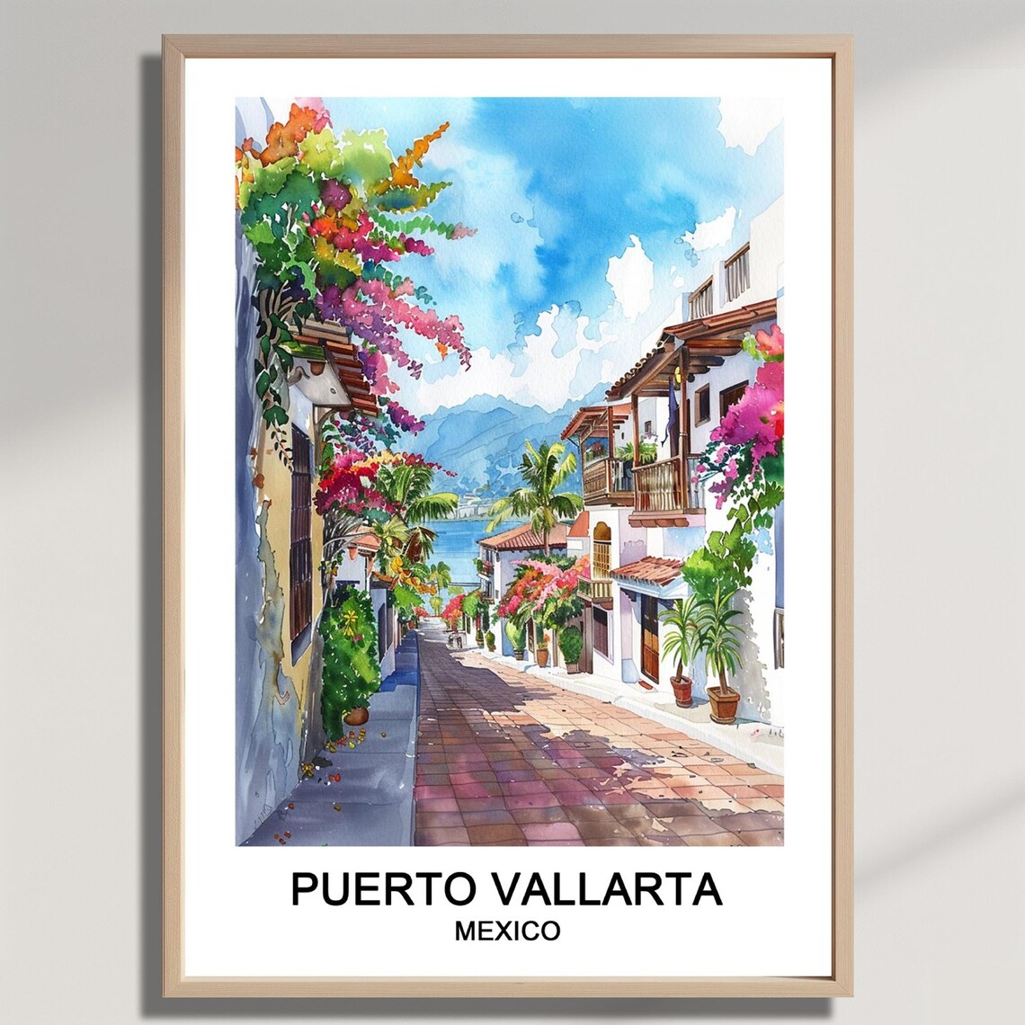 Puerto Vallarta Mexico Watercolor Travel Poster Flower Street