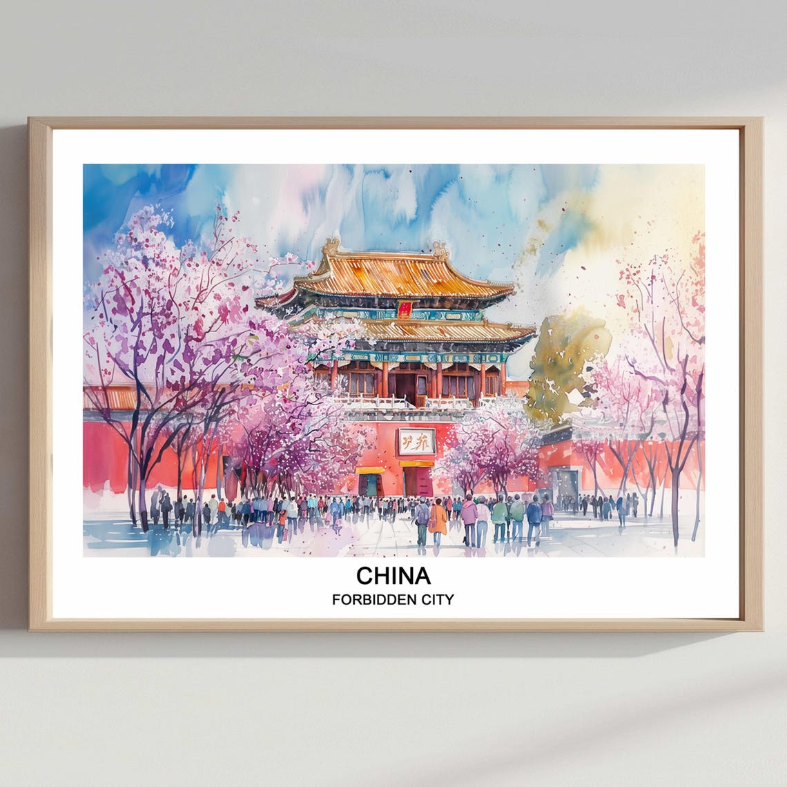 Forbidden City Beijing Gate Watercolor Cherry Blossom China Poster