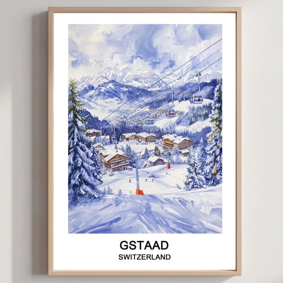 Gstaad Ski Resort Watercolor Print Swiss Travel Poster