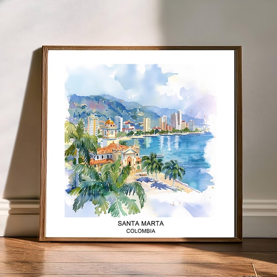 Santa Marta Colombia Watercolor Coastal Skyline Travel Poster