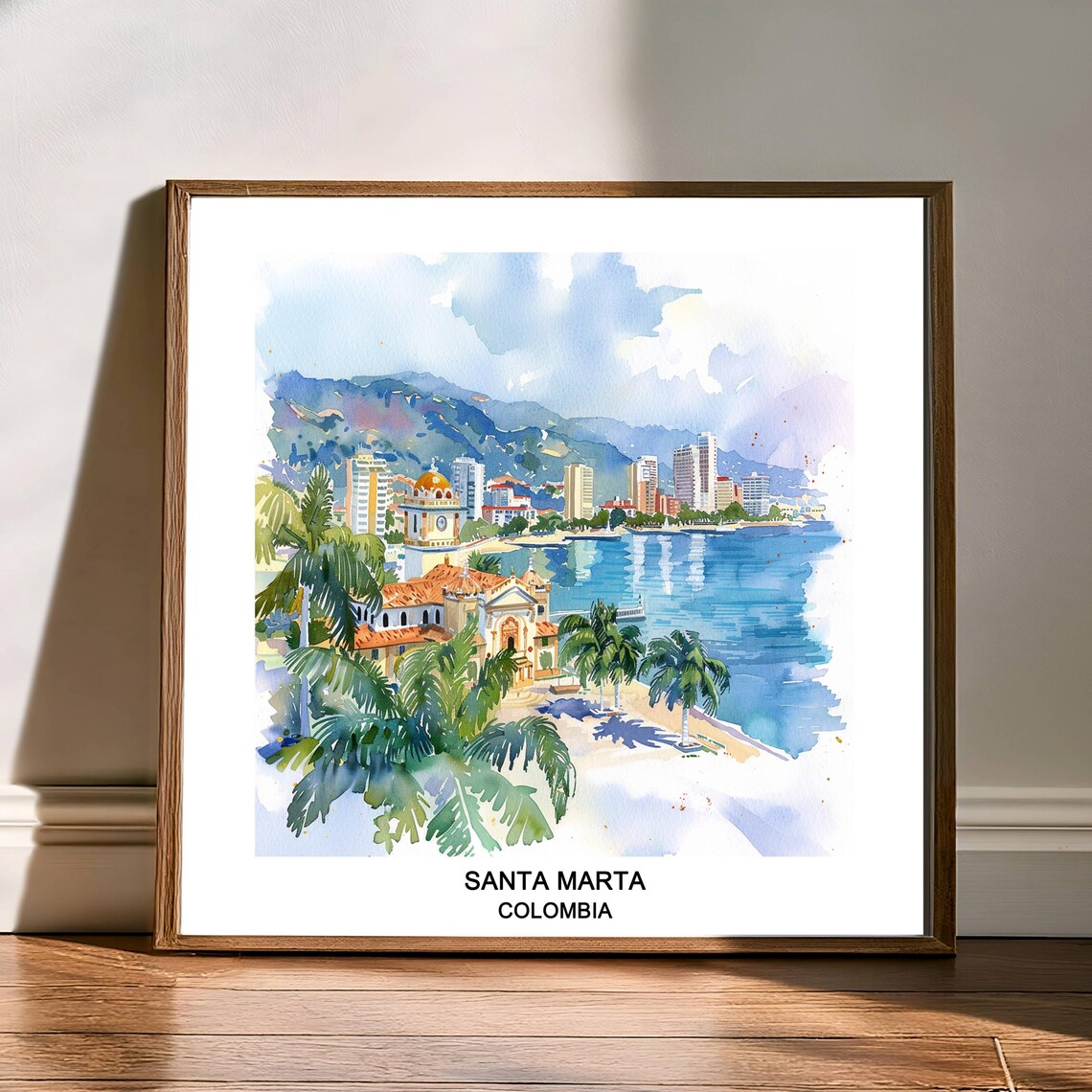 Santa Marta Colombia Watercolor Coastal Skyline Travel Poster