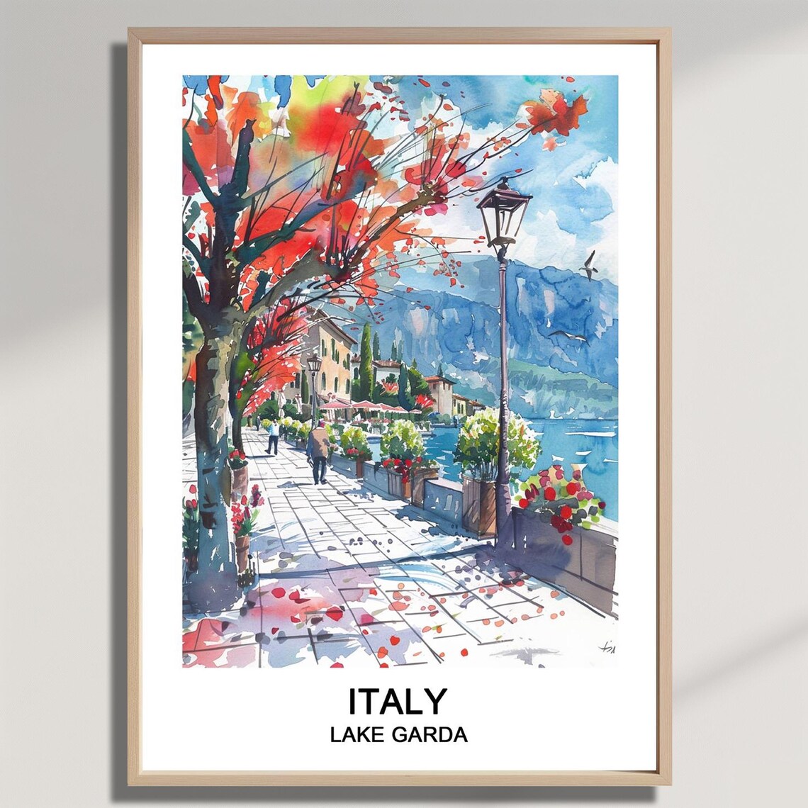 Lake Garda Italy Autumn Lakeside Promenade Watercolor Poster