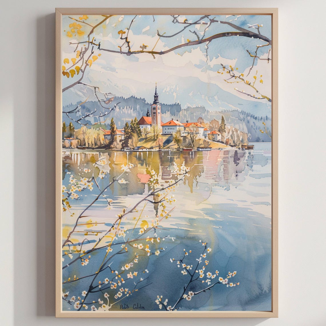 Lake Bled Church Island Watercolor Slovenia Spring Blossom Poster