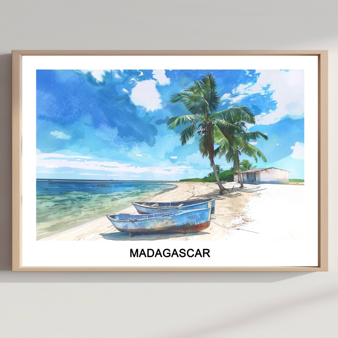 Madagascar Tropical Beach Watercolor Poster With Fishing Boats