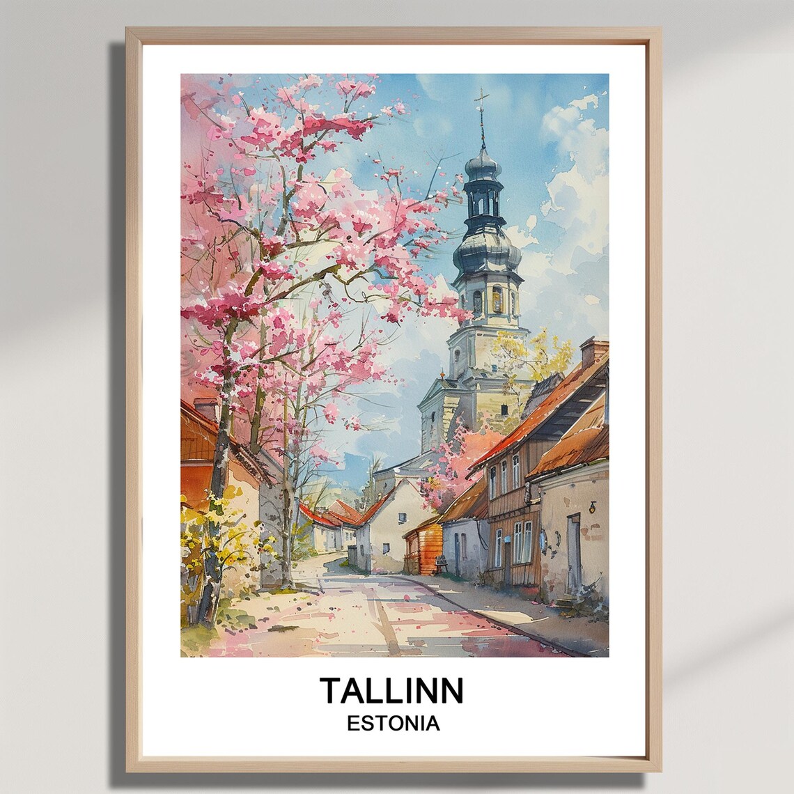 Tallinn Estonia Old Town Church Tower Cherry Blossom Watercolor Poster