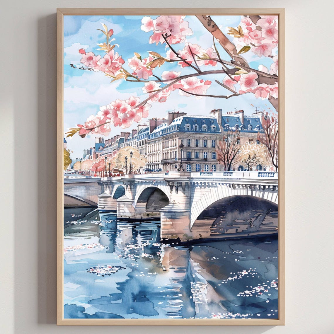 Pont Neuf Bridge Paris In Spring Watercolor Cherry Blossom Poster