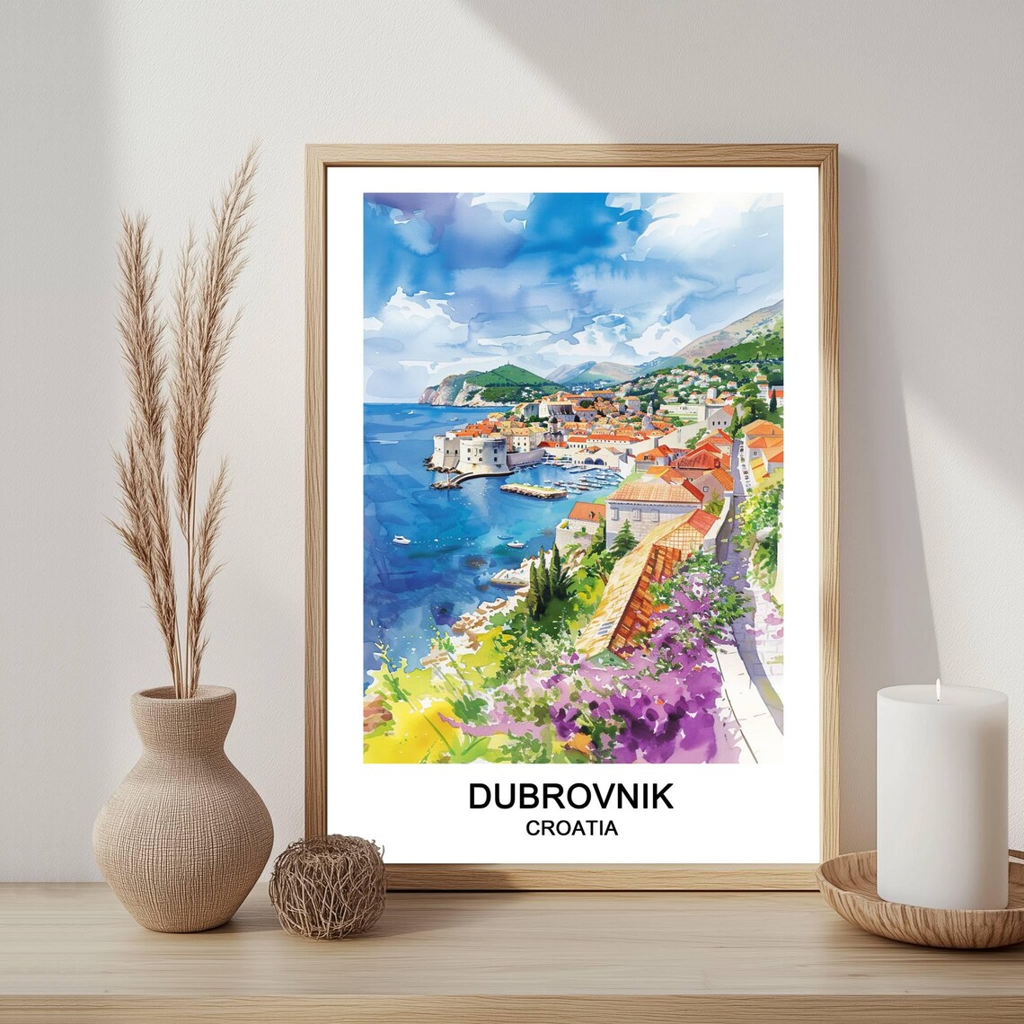 Dubrovnik Croatia Old Town Adriatic Coast Watercolor Travel Poster
