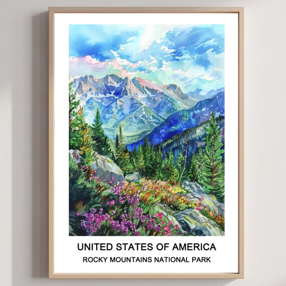 Rocky Mountains National Park Wildflower Peaks Watercolor Travel Poster