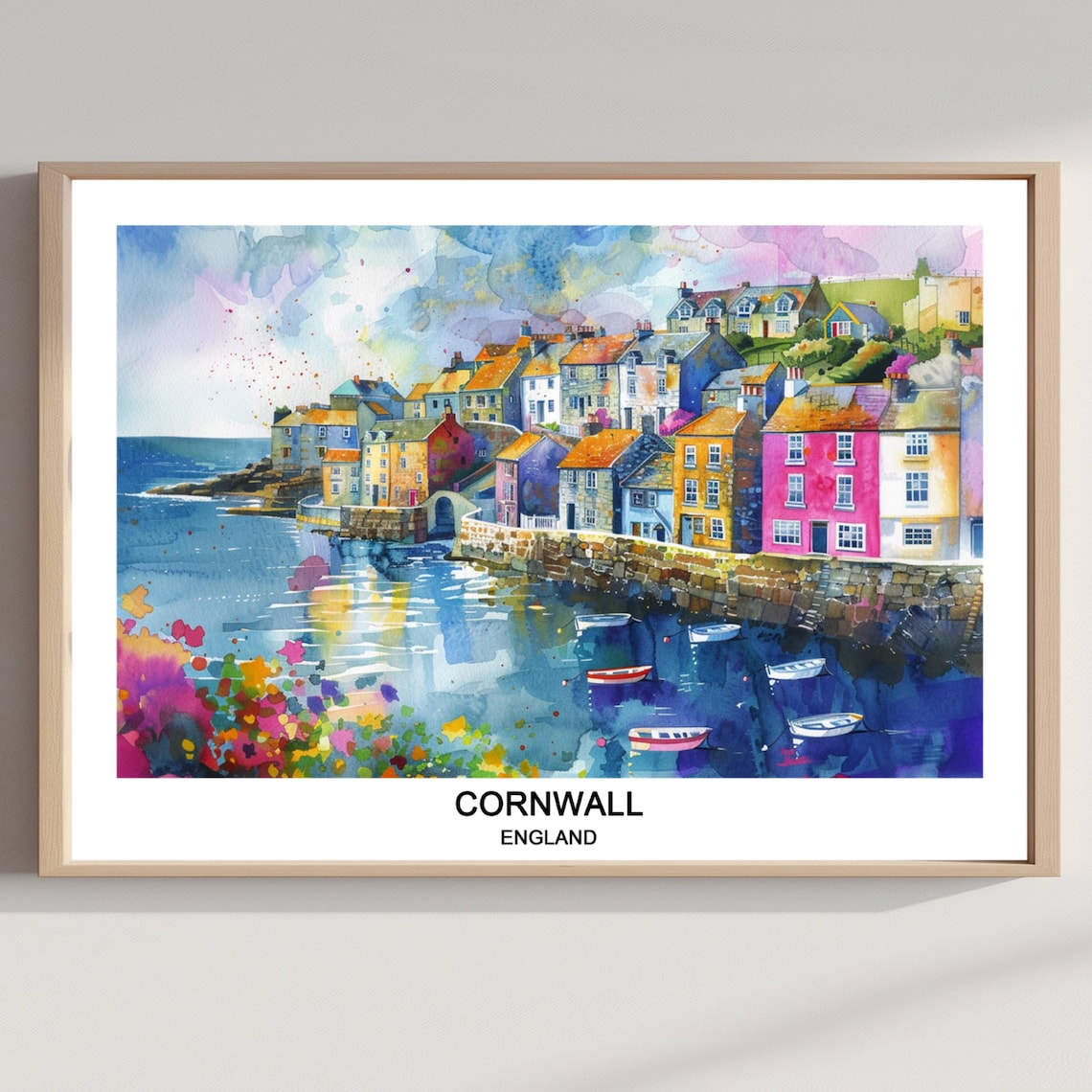 Cornwall England Seaside Harbor Boats Watercolor Travel Poster