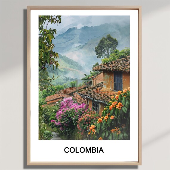 Colombia Mountain Village Tile Roofs Watercolor Travel Poster