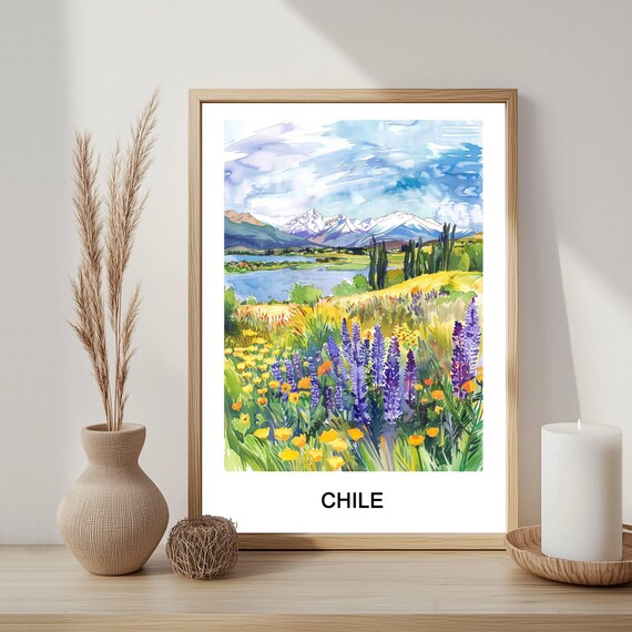 Chile Watercolor Wildflower Meadow Andes Mountains Lake Poster