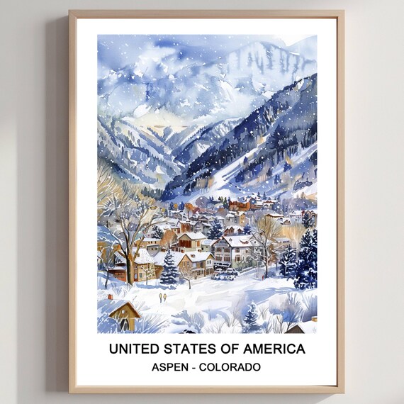 Aspen Colorado Snowy Ski Town Winter Mountain Village Watercolor Poster