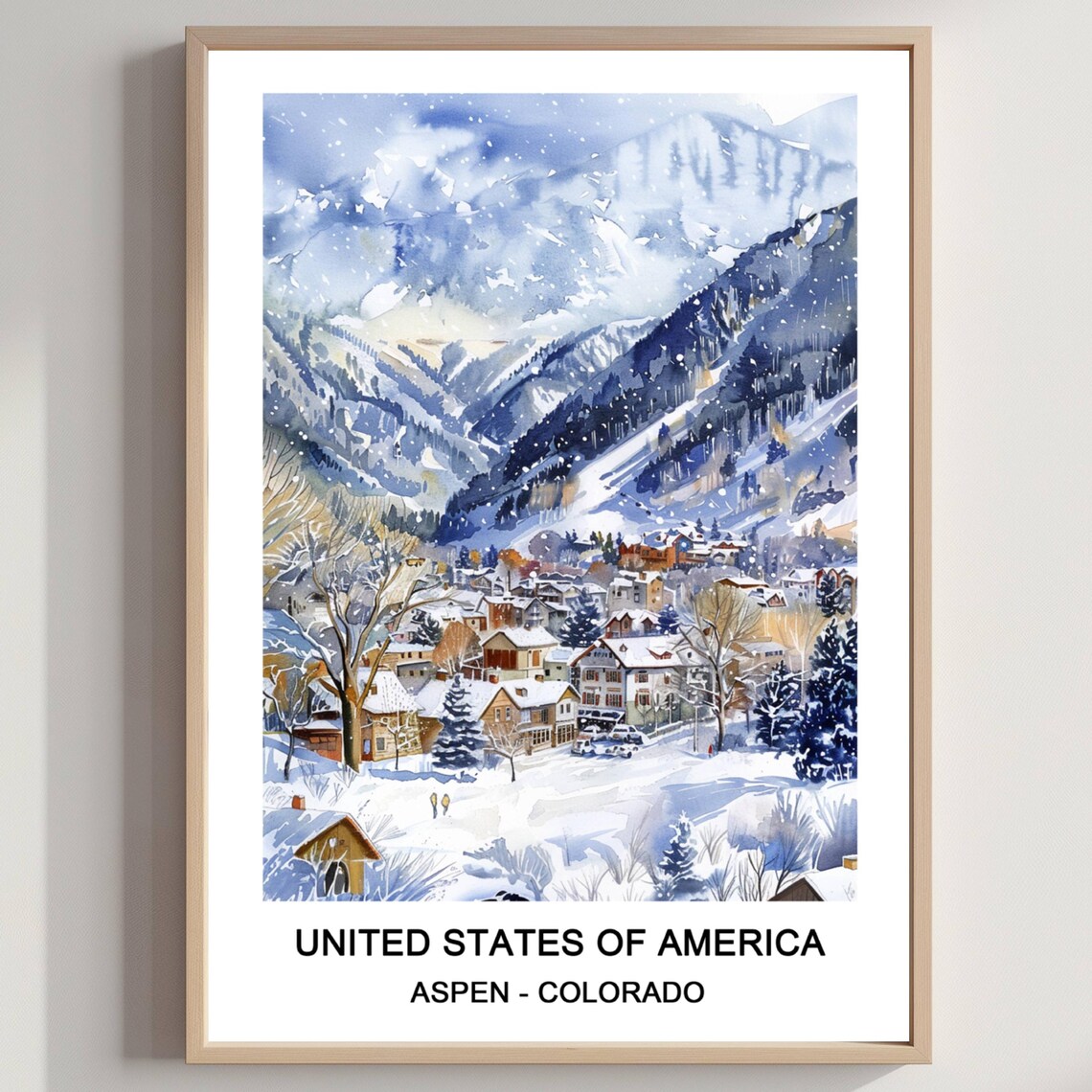 Aspen Colorado Snowy Ski Town Winter Mountain Village Watercolor Poster