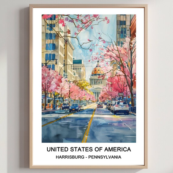 Harrisburg Pennsylvania Watercolor Capitol Street Travel Poster