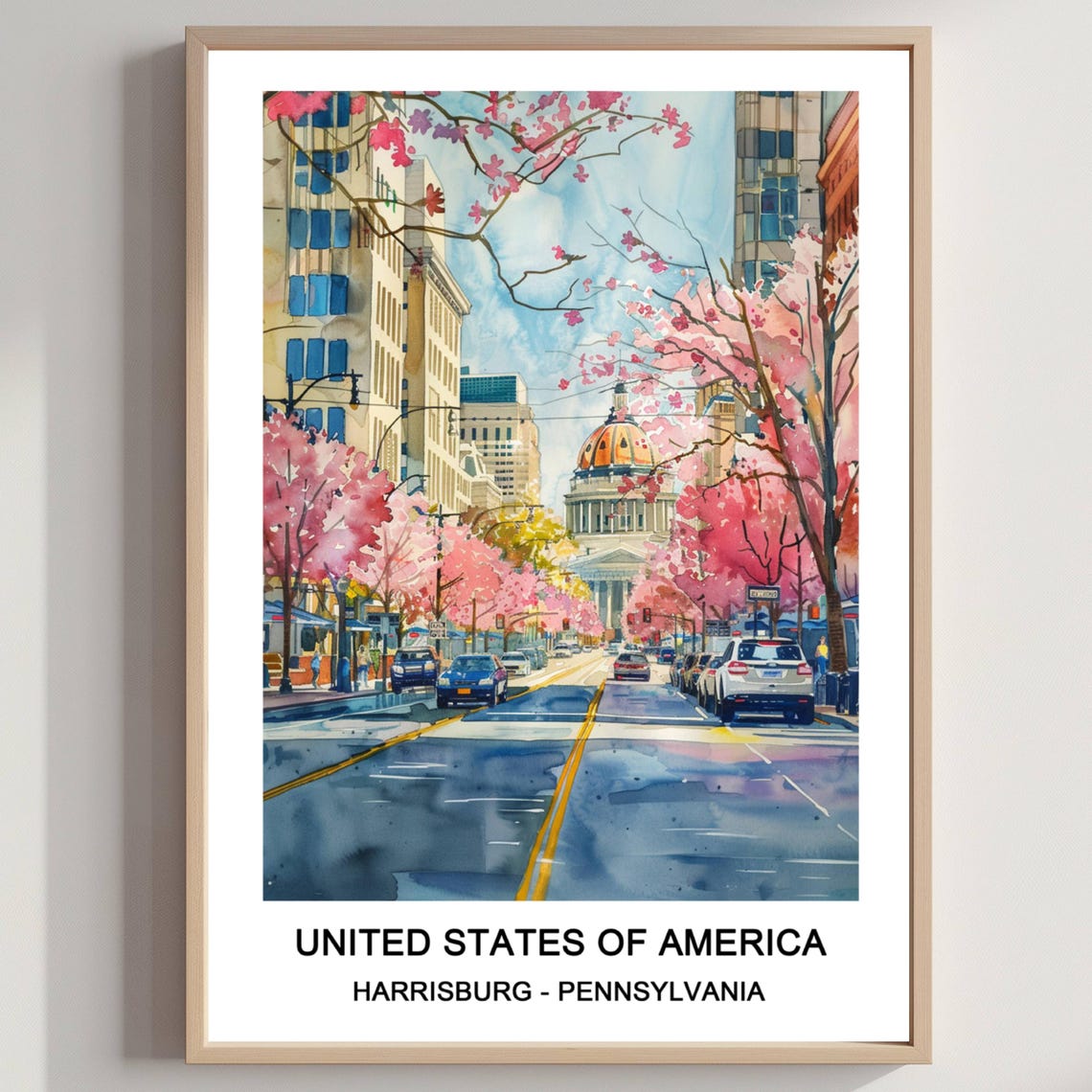 Harrisburg Pennsylvania Watercolor Capitol Street Travel Poster