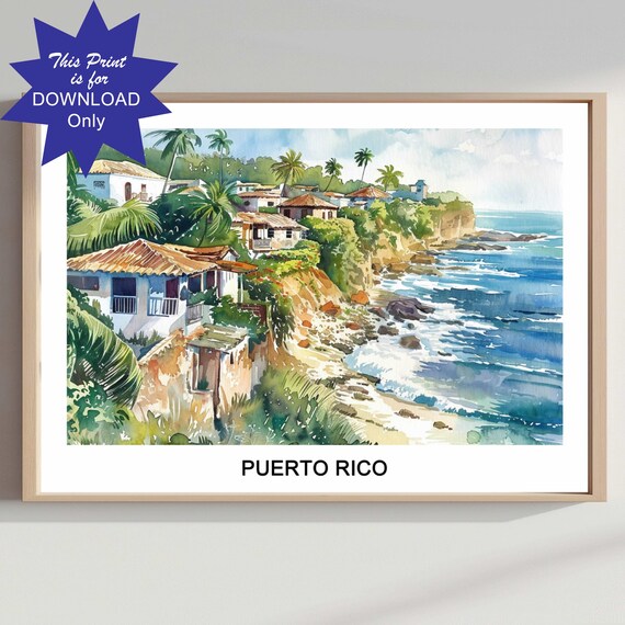 Puerto Rico Caribbean Cliffside Coast Watercolor Travel Poster
