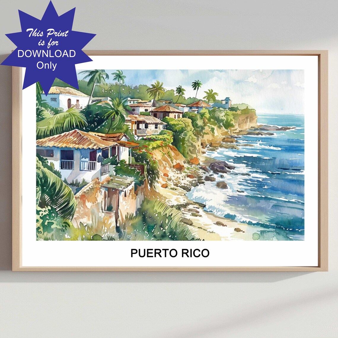 Puerto Rico Caribbean Cliffside Coast Watercolor Travel Poster
