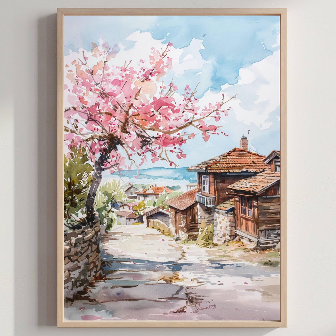 Quaint Old Village Spring Blossom Tree Street Watercolor Poster