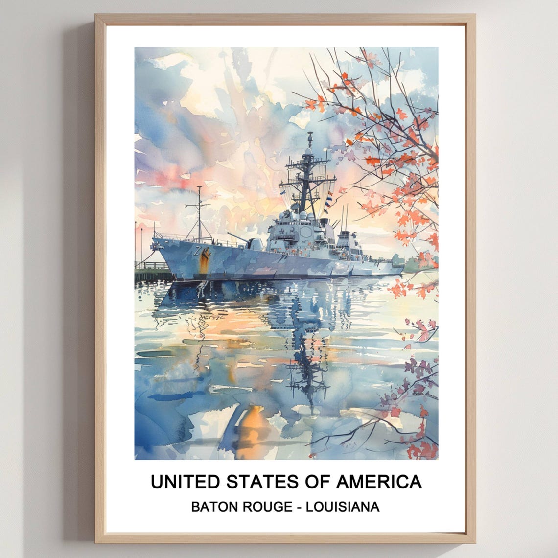 Navy Warship Harbor Sunset Watercolor Maritime Baton Rouge Art Poster
