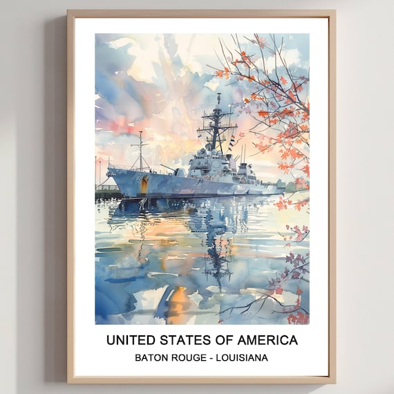Navy Warship Harbor Sunset Watercolor Maritime Baton Rouge Art Poster