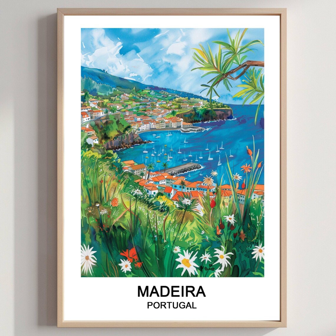 Madeira Portugal Coastal Bay Bright Watercolor Travel Art Poster