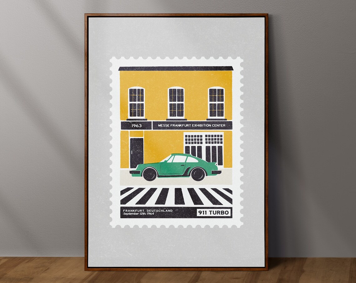 Porsche 911 Turbo Frankfurt 1964 Vintage Postage Stamp Car Poster - Image 2