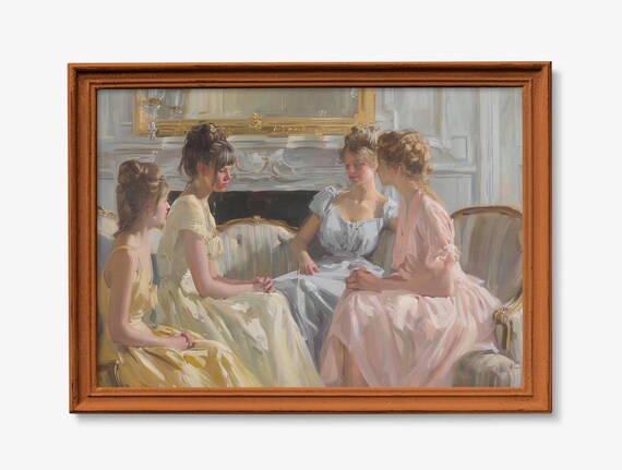Four Young Women Chatting by the Fireplace in Soft Pastel Oil Poster