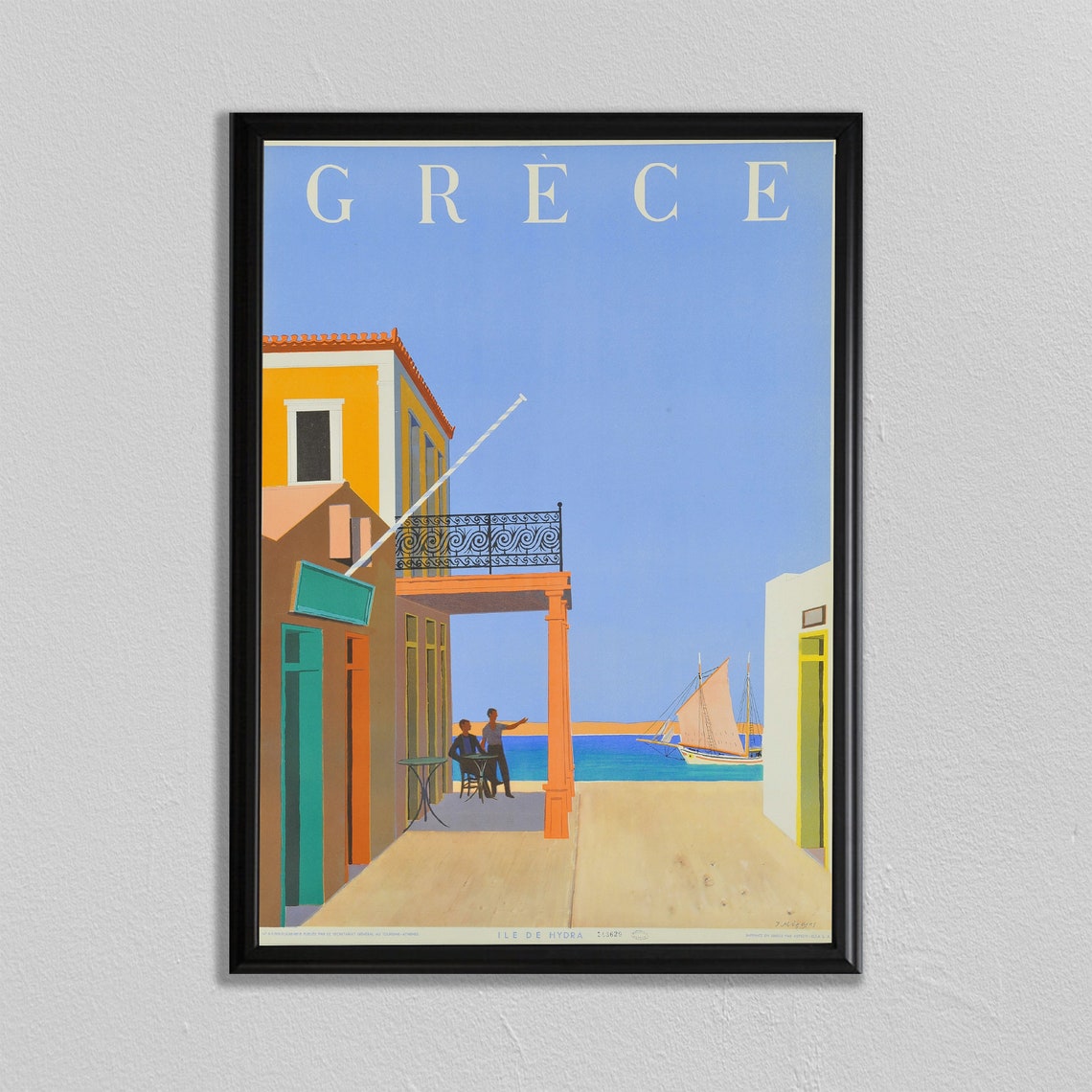 Greece Hydra Island Vintage Travel Poster Harbor Cafe Scene Art