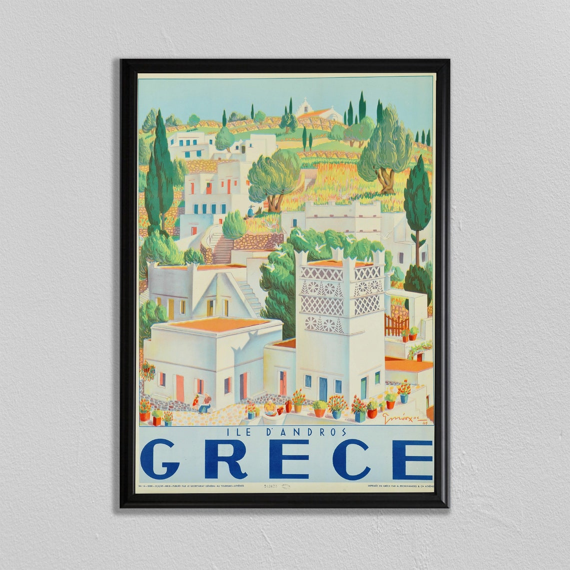 Ile dAndros Grece White Village Hills Greek Island Travel Poster