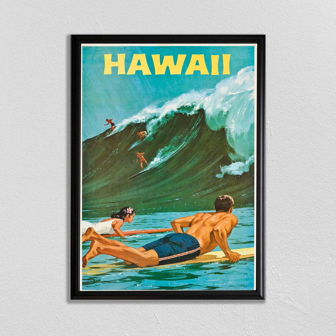 Hawaii Surfing Travel Poster, Retro Ocean Art