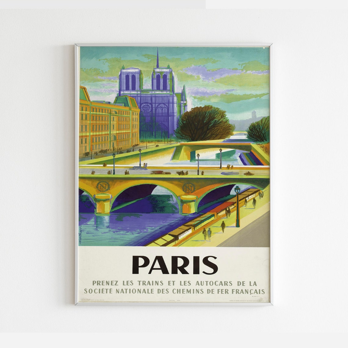 Paris Notre Dame Seine Bridge Vintage French Railway Travel Poster