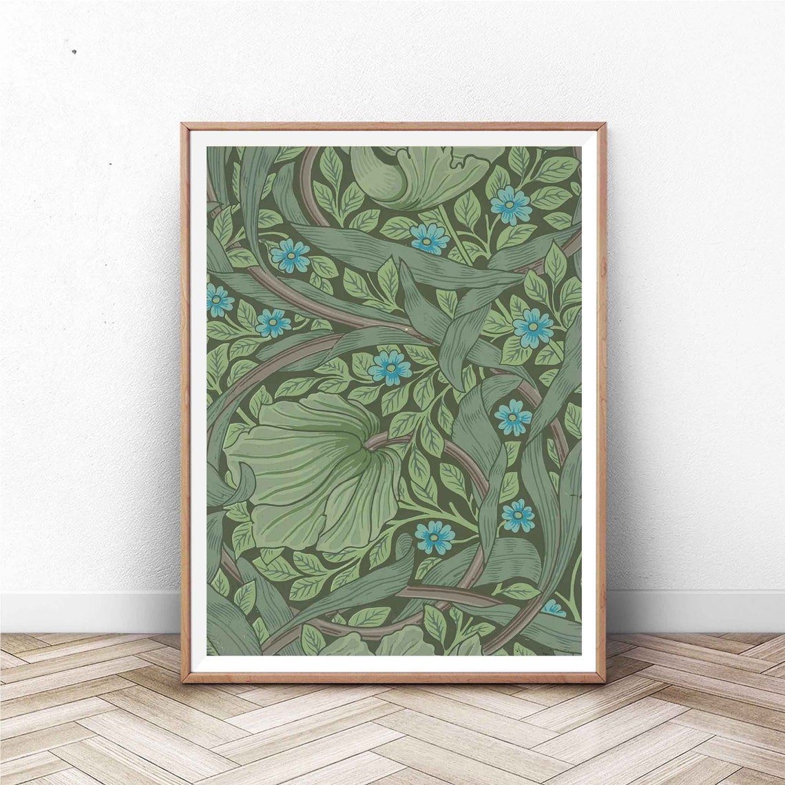 William Morris Blue Flowers Green Acanthus Leaf Pattern Wall Poster
