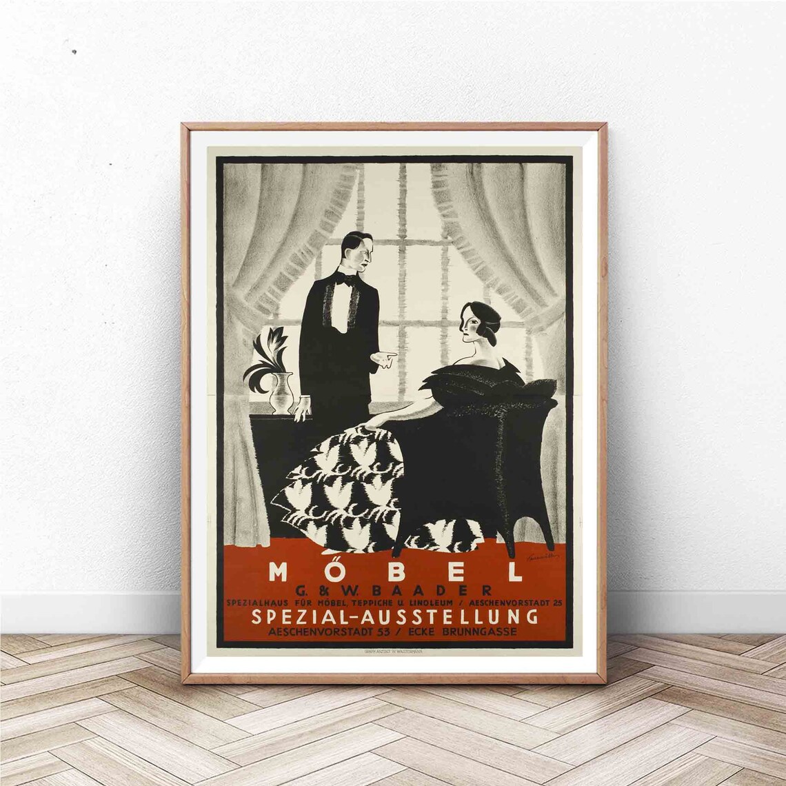 Mobel Baader Furniture Art Deco Couple Exhibition German Ad Poster