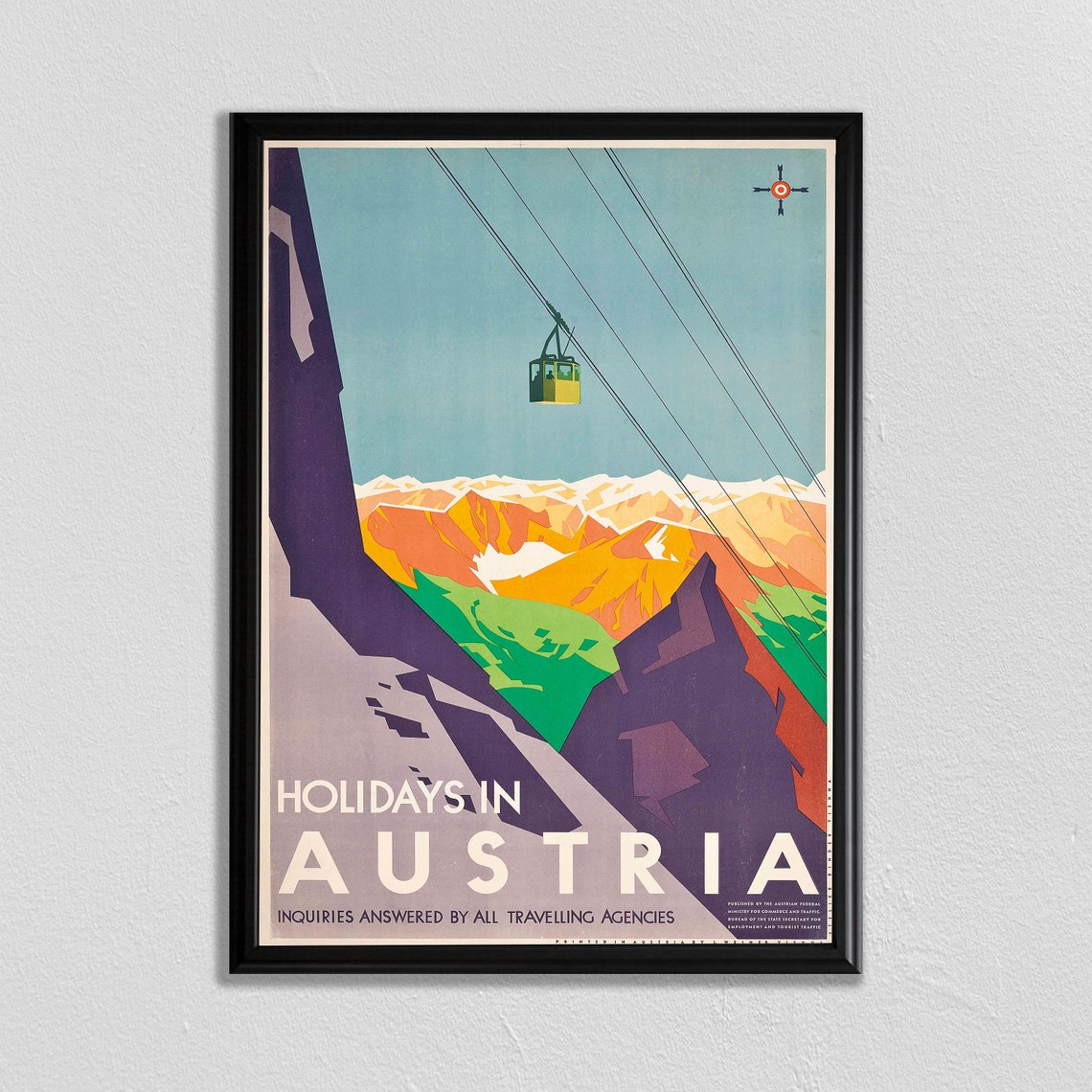 Holidays in Austria Cable Car Vintage Alpine Travel Poster Art