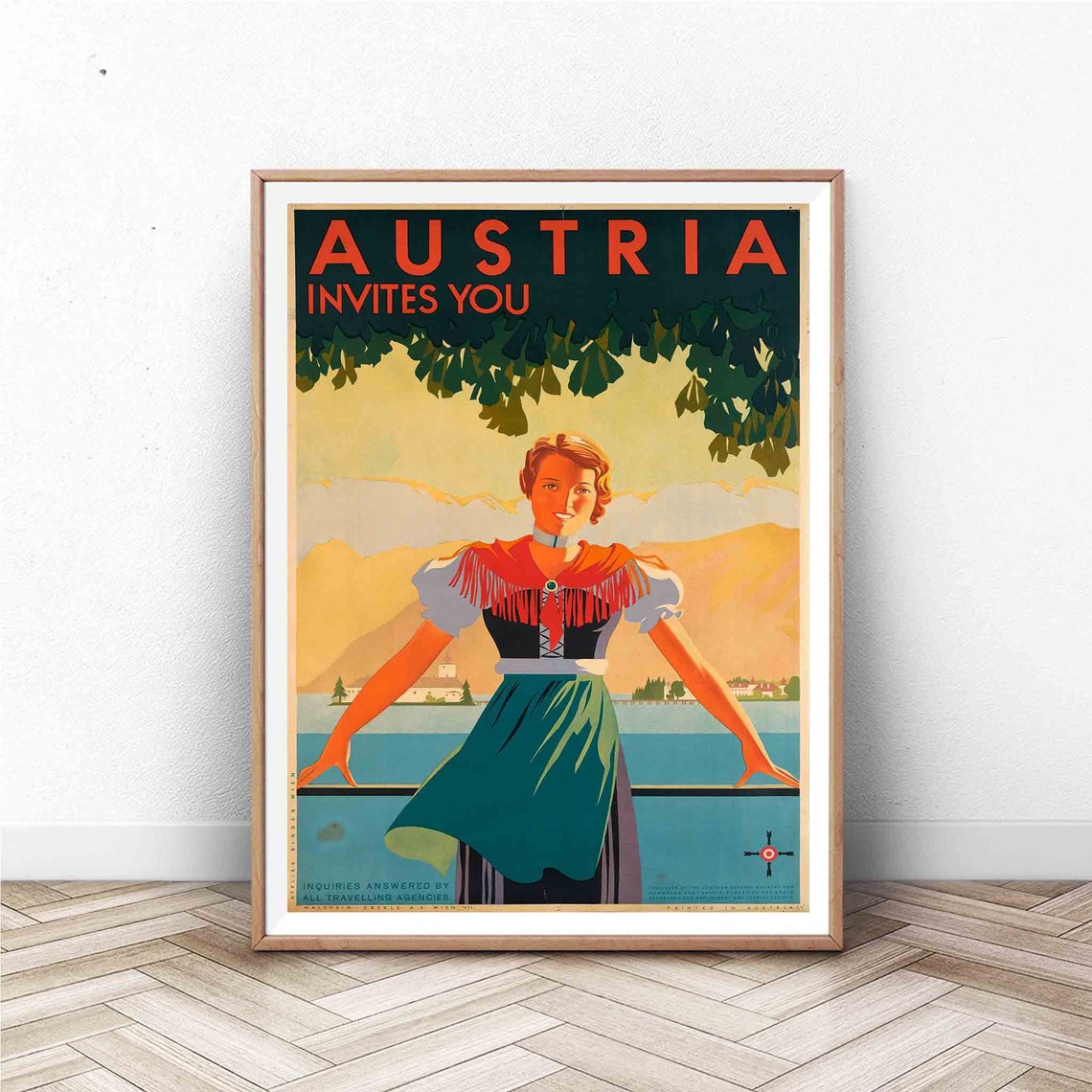 Austria Invites You Vintage Dirndl Lake Mountains Travel Art Poster