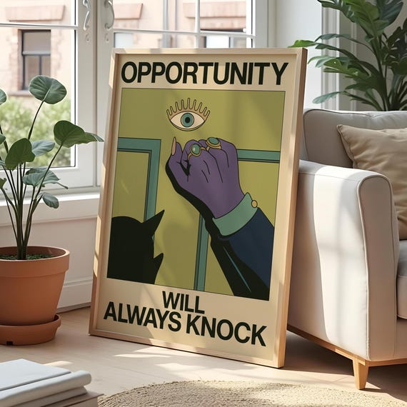 Retro Surreal Pop Art Print Inspirational Quote Opportunity Will Always Knock