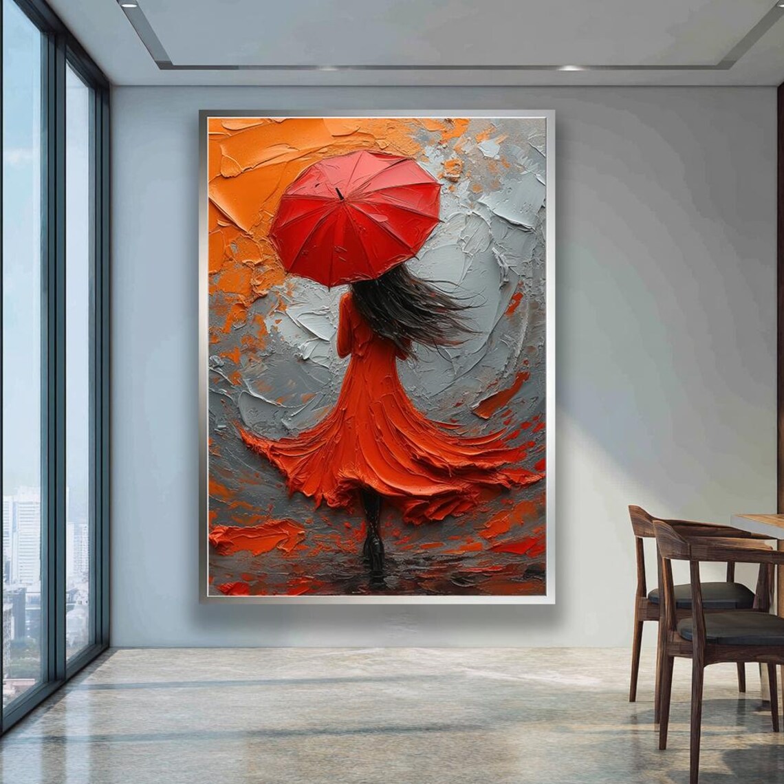 Woman in Red Dress with Umbrella Textured Impasto Painting Poster