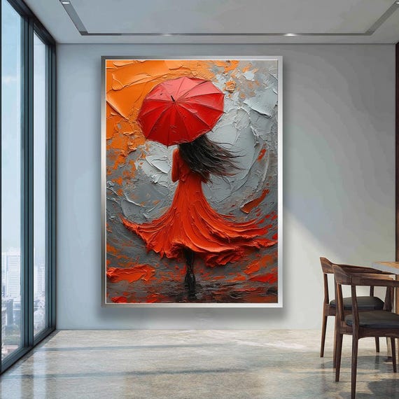 Woman With Red Umbrella Canvas Wall Art Abstract Textured Painting Modern Romantic Home Decor