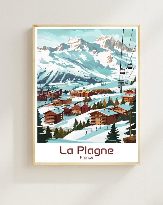 La Plagne Travel Poster French Alps Ski Resort Wall Art Mountain Landscape Print La Plagne Decor Winter Travel Gift Minimalist