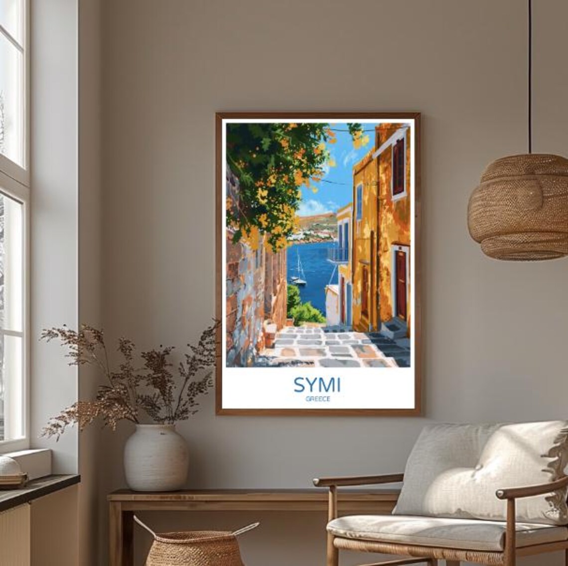 Symi Greece Stone Alley Bougainvillea Sailboat Harbor View Poster - Image 3