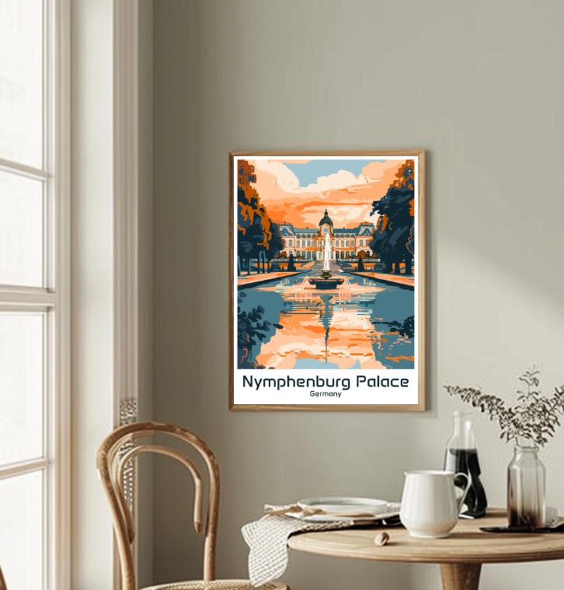 Nymphenburg Palace Munich Sunset Fountain Reflection View Poster - Image 2
