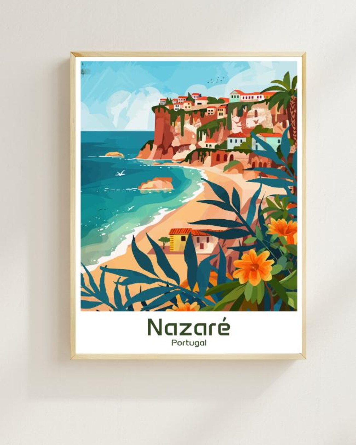 Nazare Portugal Coastal Cliffs Beach Town Surf Travel Poster