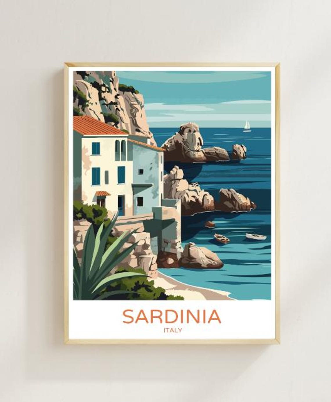 Sardinia Italy Travel Poster Rocky Coast Cliffside House View