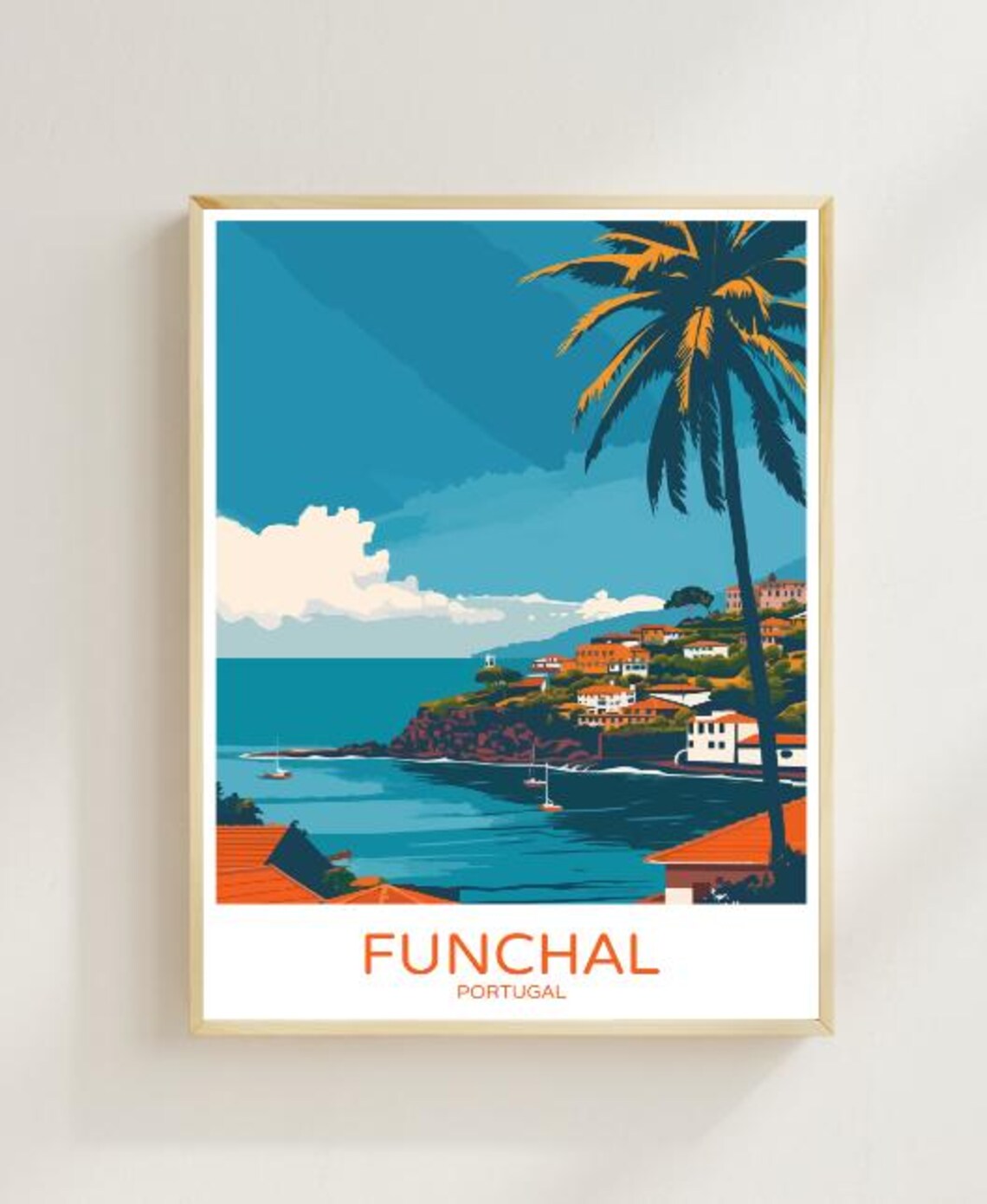 Funchal Portugal Palm Tree Silhouette Turquoise Bay Travel Poster