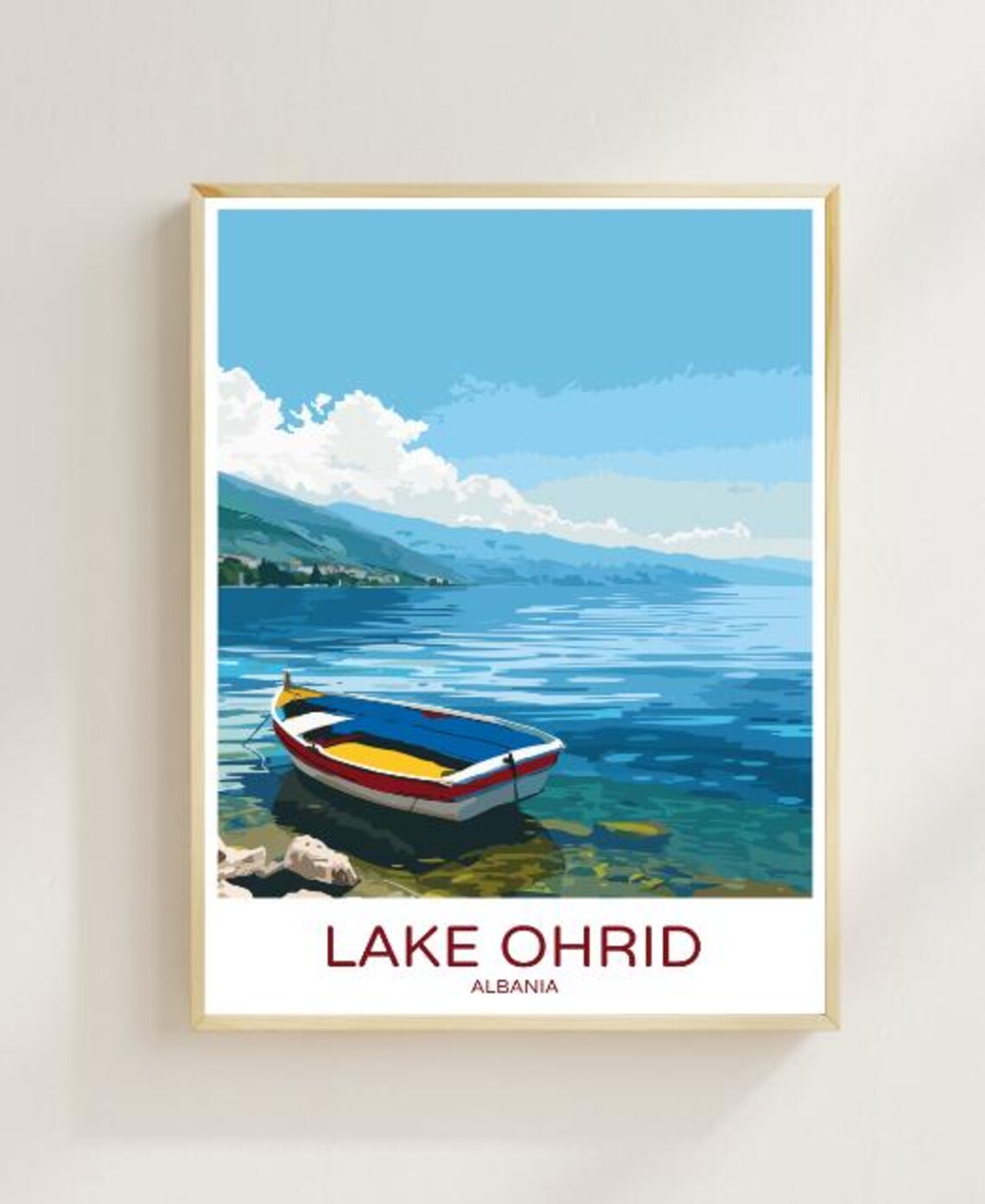 Lake Ohrid Albania Colorful Boat and Mountain View Travel Poster
