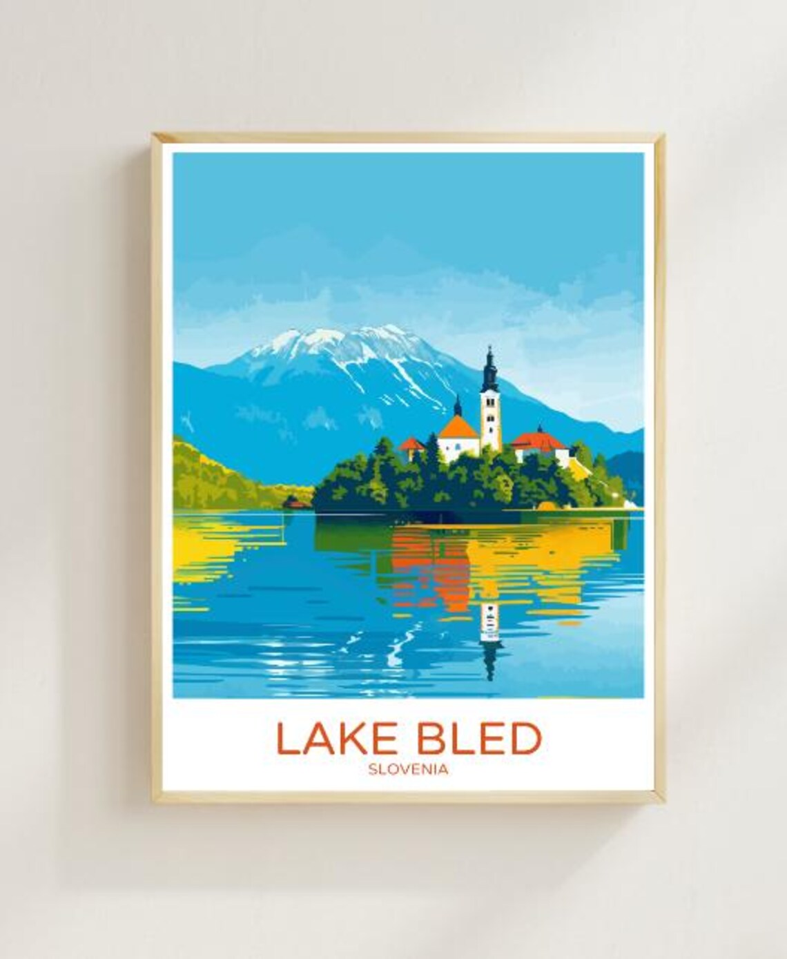 Lake Bled Slovenia Travel Poster with the Island Church and Alps View
