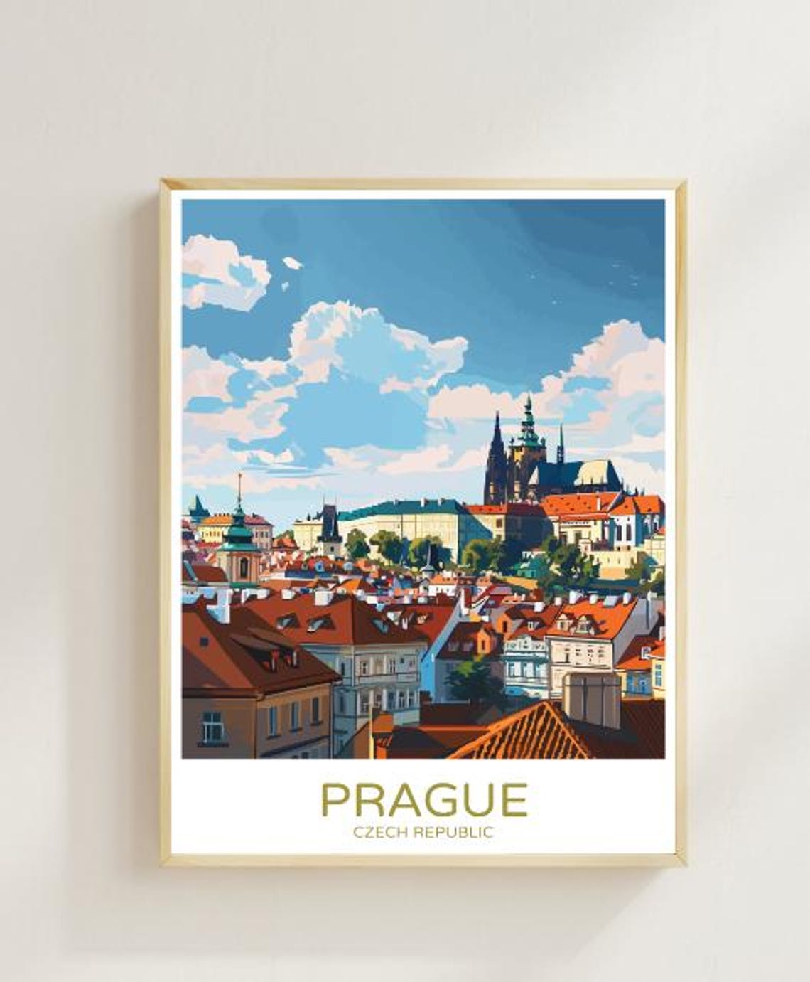 Prague Czech Republic Red Rooftops Castle Spires Daytime Travel Poster