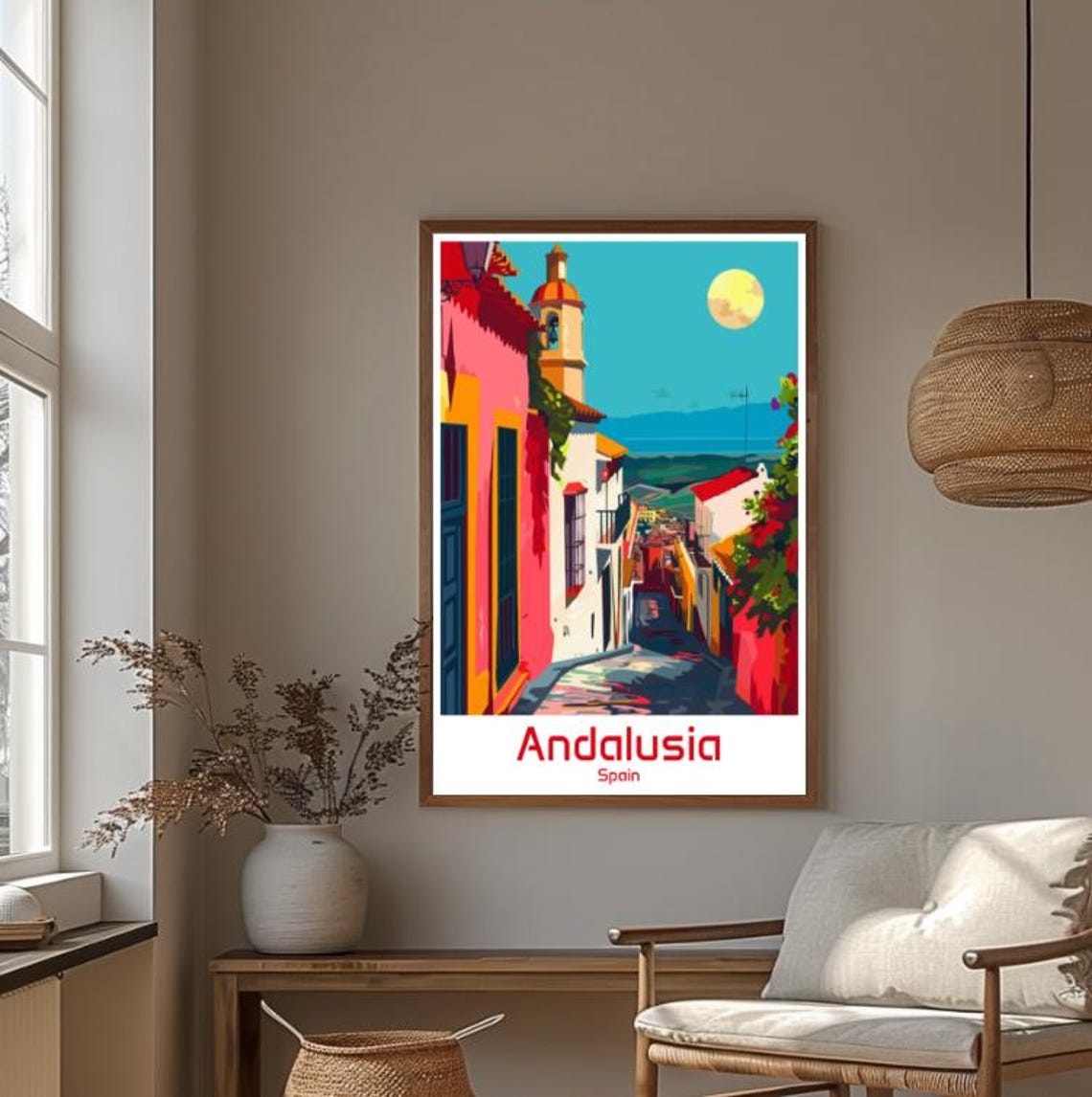 Andalusia Spain Colorful Village Street Bell Tower Moon Poster - Image 4