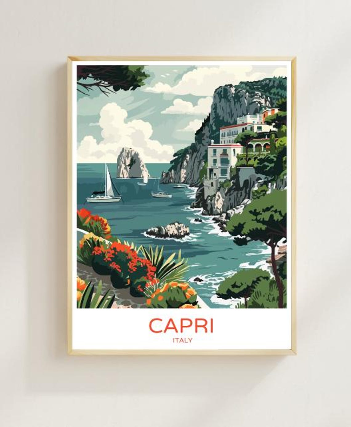 Capri Italy Travel Poster Faraglioni Rocks Sailboats And Cliffs View