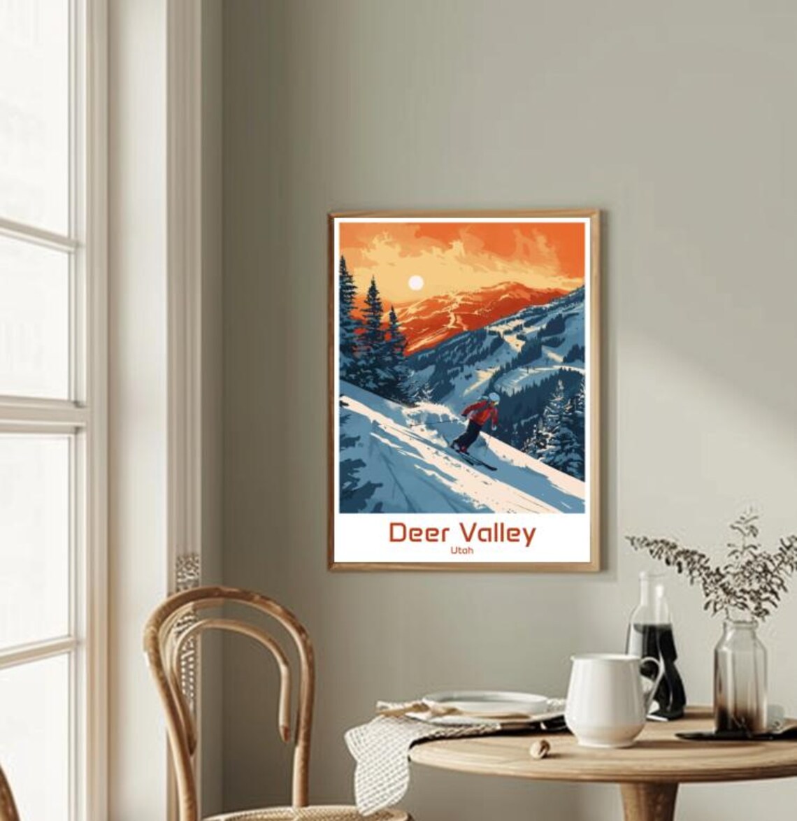 Vivid Deer Valley Utah Skier Sunset Snowy Slopes Scene Poster - Image 2